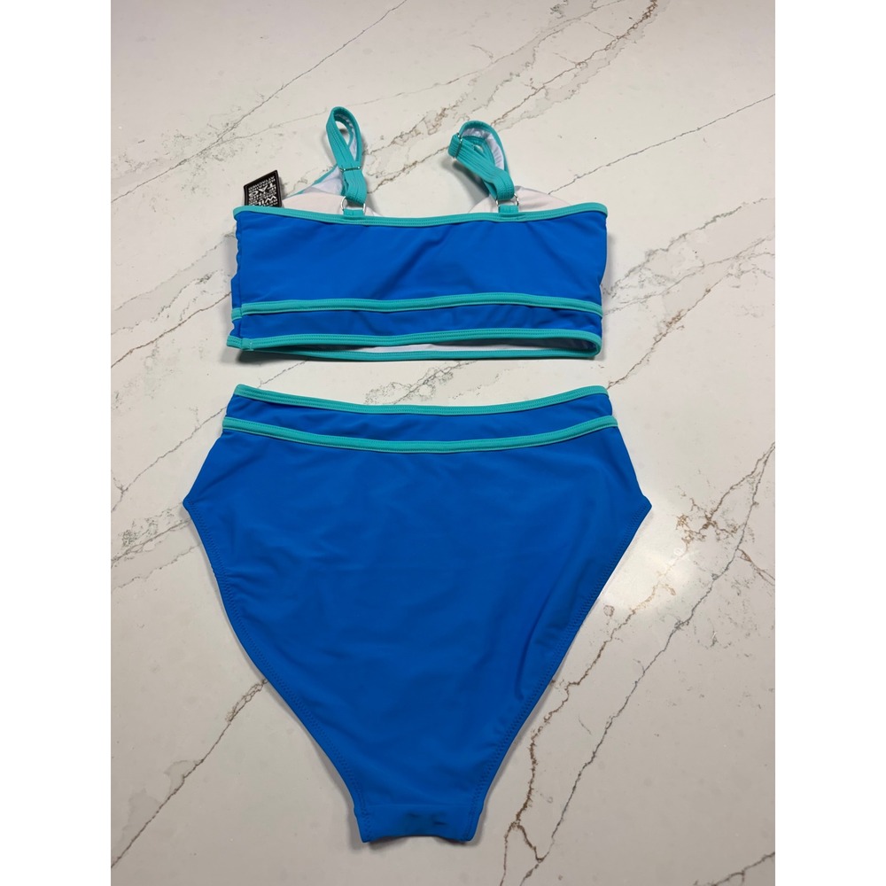 BMJL Women Blue Teal Colorblock High Waisted Bikini Set Sporty Two Piece NWT - Picture 2 of 10